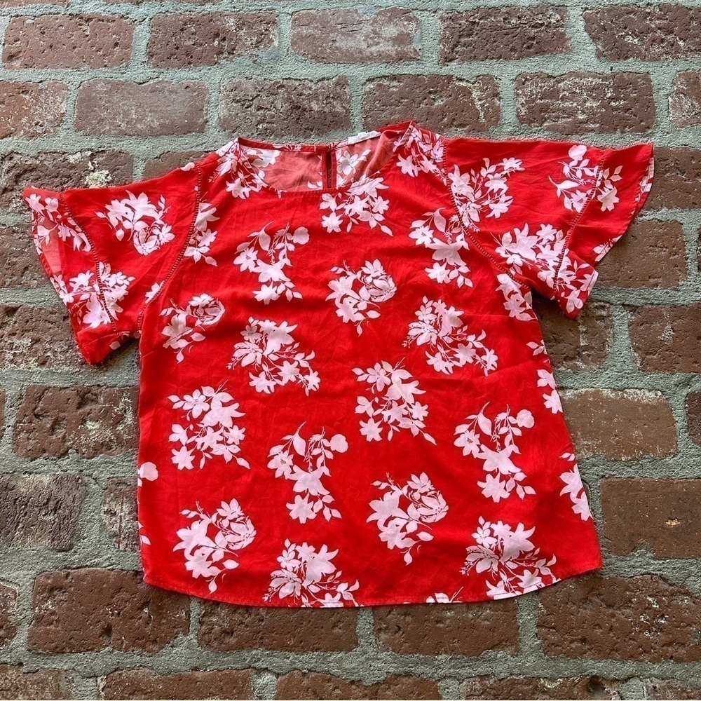 June & Hudson size 1X polyester red & white flower floral blouse keyhole back